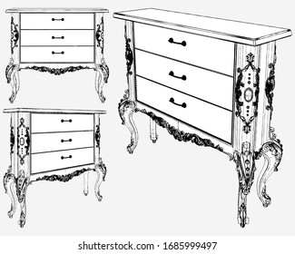 Antique Commode Vector 12. Illustration Isolated On White Background. A Vector Illustration Of Drawer Locker.