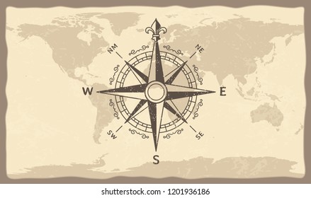 Antique compass on world map. Vintage geographic history maps with old marine compasses arrows, ancient nautical sailing ship journey compass. Navigation vector illustration