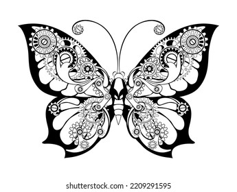 Antique, contour, mechanical butterfly with gears on white background. Steampunk style.