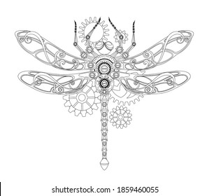 Antique, contour, mechanical dragonfly with gears on white background. Steampunk style.