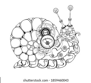 Antique, contour, mechanical snail with gears on white background. Steampunk style.