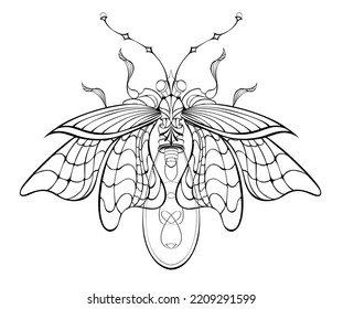 Antique, contoured, mechanical firefly with light bulb and thin wings on white background. Steampunk style.