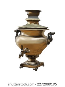 Antique copper samovar from multicolored paints. Splash of watercolor, colored drawing, realistic. A Russian kettle works on firewood. Vector illustration of paints