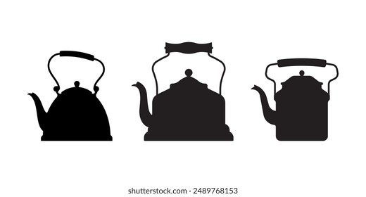 Antique Copper Teapot. Vintage Kettle with handle, in black silhouette. A set three different shapes of tea pot.  Kitchen utensils for design, stencil, decoration. Simple, clear vector illustration