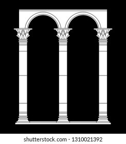 Antique corinthian colonnade, archway. White linear silhouette.