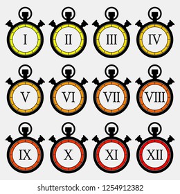 Antique countdown circle logo. Pocket Analog timer icons set. Illustration Old Clock picture, watch icon. Simple countdown sign.