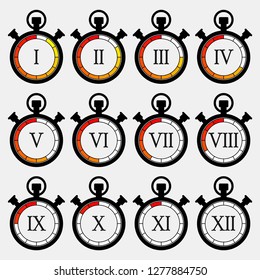 Antique countdown circle logo. Pocket Analog timer icons set. Illustration Old Clock picture, watch icon. Simple countdown sign.