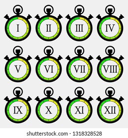 Antique countdown circle logo. Pocket Analog timer icons set. Illustration Old Clock picture, watch icon. Simple countdown sign.