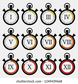 Antique Countdown logo. Pocket Analog timer icons set, illustration, Old Clock picture, watch icon. Countdown sign. Analog timer icons set, illustration, Clock picture, watch icon set
