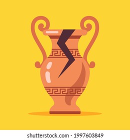 Antique Cracked Vase From Greece. Flat Vector Illustration.