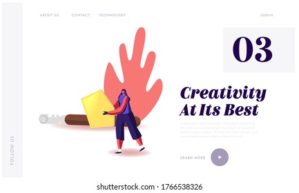 Antique Craftsmanship Landing Page Template. Tiny Female Character Carry Huge Yellow Glass Piece. Woman Glazier Hobby or Working Occupation, Girl Assemble Stained Glass. Cartoon Vector Illustration