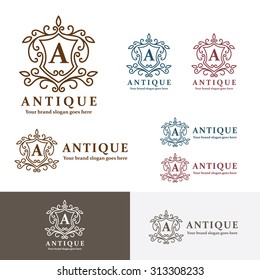 Antique Crest Letter A logo. Heraldry sign crest brand identity.
Monogram pattern. Royal ancient symbol. Classic badge.