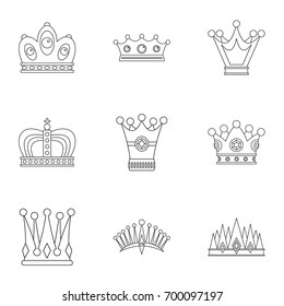 Antique crown icon set. Outline set of 9 antique crown vector icons for web isolated on white background