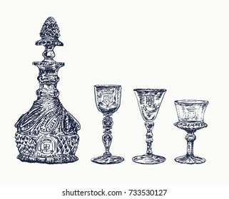 Antique crystal decanter and glasses of alcohol. Vintage stylized drawing. Vector illustration in a retro woodcut style. Hand drawn engraving