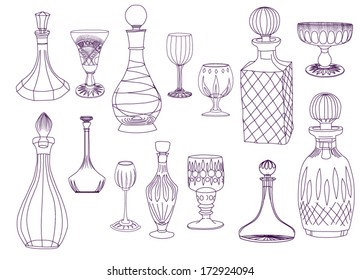 Antique Crystal Decanters And Glasses - Set Of Hand Drawn Crystal Decanters And Glasses, Line Art, Black On White