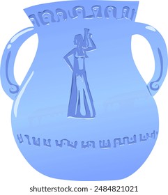 Antique curved glazed blue vase patterns. Vector illustrationAntique blue curved glazed blue vase patterns. The image on the vase shows a long-haired woman wearing a skirt to the ground with a pitcher