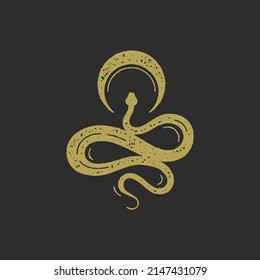 Antique curved snake with half moon crown esoteric symbol decorative design grunge texture vector illustration. Ancient mythology viper symbol of wisdom, dangerous and power on black