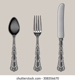 Antique Cutlery. Spoon, fork and knife in vintage style from the Victorian period. Works well as a wall stickers. Stock vector.