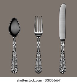 Antique Cutlery. Vector spoon, fork and knife in vintage style from the Victorian period. Works well as a wall stickers.