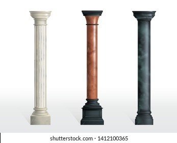 Antique cylindrical columns of white, red and black marble stone with cubical base realistic vector isolated on white background. Ancient architecture, historical or modern building exterior element