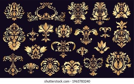 Antique damask ornaments. Golden baroque rococo decorative floral elements isolated vector illustration set. Damask vintage decor patterns. Antique victorian decorative golden elegant leaf