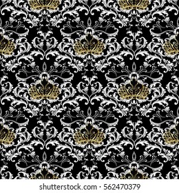 Antique damask  seamless pattern background wallpaper illustration with vintage gold   royal crown,flowers, scroll leaves  and old  medieval baroque ornaments.Elegant vector ornamental  fabric texture
