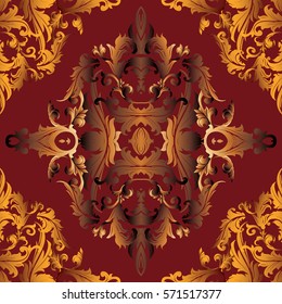 Antique Damask seamless pattern. Baroque wallpaper with vintage medieval gold  flowers,  scroll leaves and  floral  3d ornaments in Victorian style. Vector ornate luxury  background. Fabric texture.