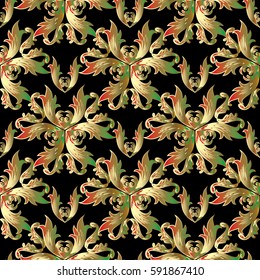 Antique damask seamless pattern. Elegant black background wallpaper illustration with gold floral 3d ornaments in Baroque Victorian style. Luxury vector texture for fabric, curtains, textile.