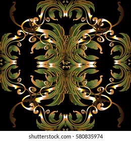 Antique damask seamless pattern. Floral black background  with vintage green gold 3d  baroque  ornaments, leaves and  flowers. Vector luxury 3d pattern texture for wallpapers, textile, fabric