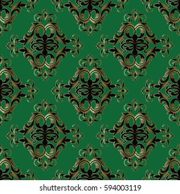 Antique damask seamless pattern. Modern green background wallpaper illustration with black and gold floral  ornaments in Baroque Victorian style. Luxury vector texture for fabric, curtains, textile.