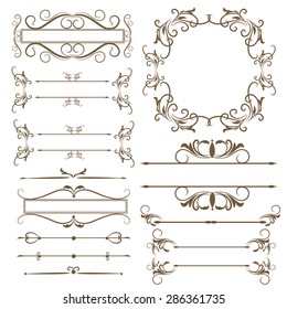 Antique decorative elements, set vintage ornaments for design. Vector illustration