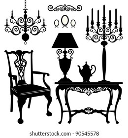 Antique decorative furniture collection, black silhouettes of furniture for your design. Vector illustration.