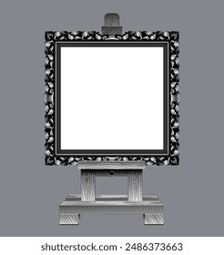 Antique decorative square frame with a white canvas on the wood easel. Retro concept poster and banner in vintage engraving style. Vector illustration