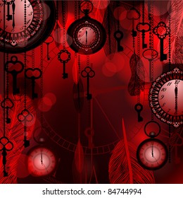 Antique deep red background with pocket watches and feathers