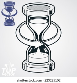 Antique dimensional vector sand-glass with arrow around, additional version. Old-fashioned decorative 3d hourglass - time management business icon. Time is running out conceptual symbol.