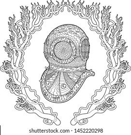 Antique divers helmet hand draw with high details. Coloring pages for adult. Abstract pattern with oceanic elements for relax coloring for grown ups in zentangle style. Vector
