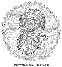 Antique divers helmet hand draw with high details. Coloring pages for adult in zenart technique. Sketch for tattoo, poster, print, t-shirt in zendoodle style. Vector illustration