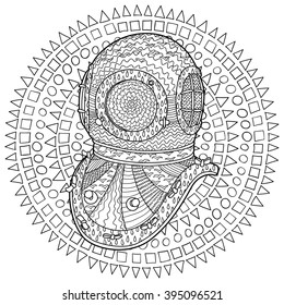 Antique divers helmet hand draw with high details. Coloring pages for adult in zenart technique. Sketch for tattoo, poster, print, t-shirt in zendoodle style. Vector illustration