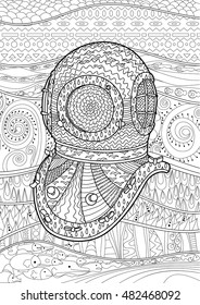 Antique divers helmet hand draw with high details. Coloring pages for adult in zenart technique. Sketch for tattoo, poster, print, t-shirt in zendoodle style. Vector illustration