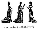 Antique dressed ladies. Victorian style fashion vector illustration.Vintage collection of retro women silhouettes