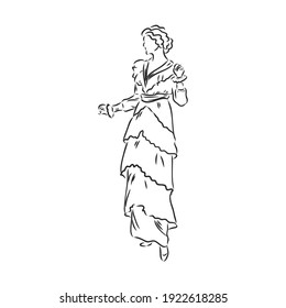 Antique dressed lady. Old fashion vector illustration. Victorian woman in historical dress. Vintage stylized drawing, retro woodcut style