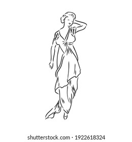 Antique dressed lady. Old fashion vector illustration. Victorian woman in historical dress. Vintage stylized drawing, retro woodcut style