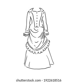 Antique dressed lady. Old fashion vector illustration. Victorian woman in historical dress. Vintage stylized drawing, retro woodcut style