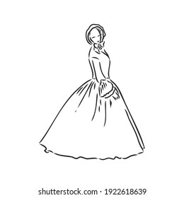 Antique dressed lady. Old fashion vector illustration. Victorian woman in historical dress. Vintage stylized drawing, retro woodcut style