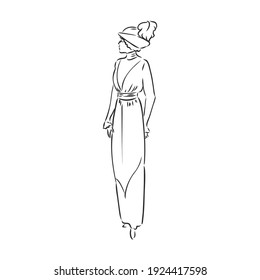 Antique dressed lady. Old fashion vector illustration. Victorian woman in historical dress. Vintage stylized drawing, retro woodcut style