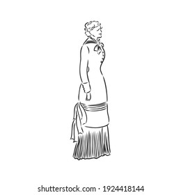 Antique dressed lady. Old fashion vector illustration. Victorian woman in historical dress. Vintage stylized drawing, retro woodcut style