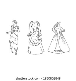 Antique dressed lady. Old fashion vector illustration. Victorian woman in historical dress. Vintage stylized drawing, retro woodcut style