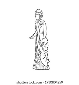 Antique dressed lady. Old fashion vector illustration. Victorian woman in historical dress. Vintage stylized drawing, retro woodcut style