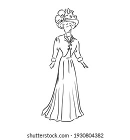 Antique Dressed Lady. Old Fashion Vector Illustration. Victorian Woman In Historical Dress. Vintage Stylized Drawing, Retro Woodcut Style