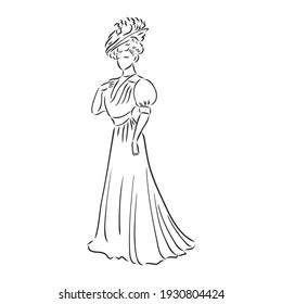 Antique dressed lady. Old fashion vector illustration. Victorian woman in historical dress. Vintage stylized drawing, retro woodcut style